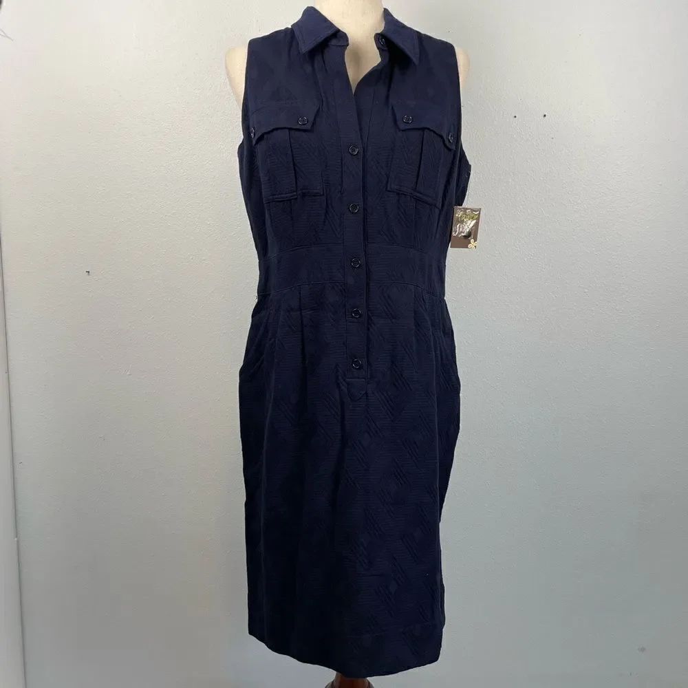 NWT Taylor Navy Blue Sleeveless Button Down Midi Dress Size 10